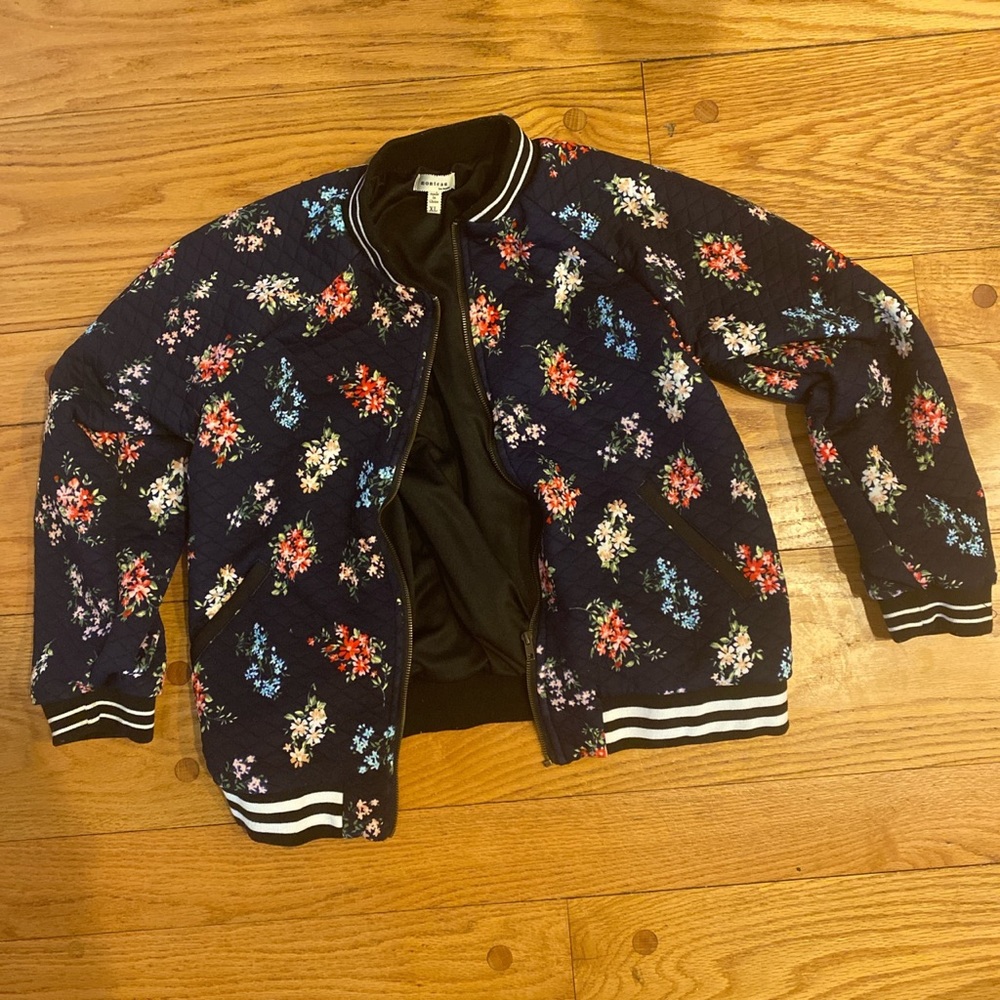 Girls navy blue flower bomber jacket